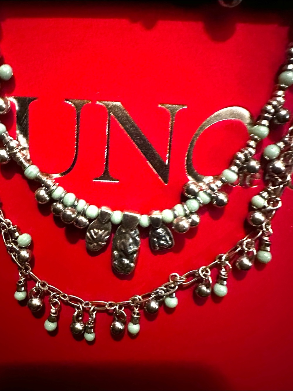 Uno de 59 Silver plated beaded multi Necklace with blue Beads new in box w/coa